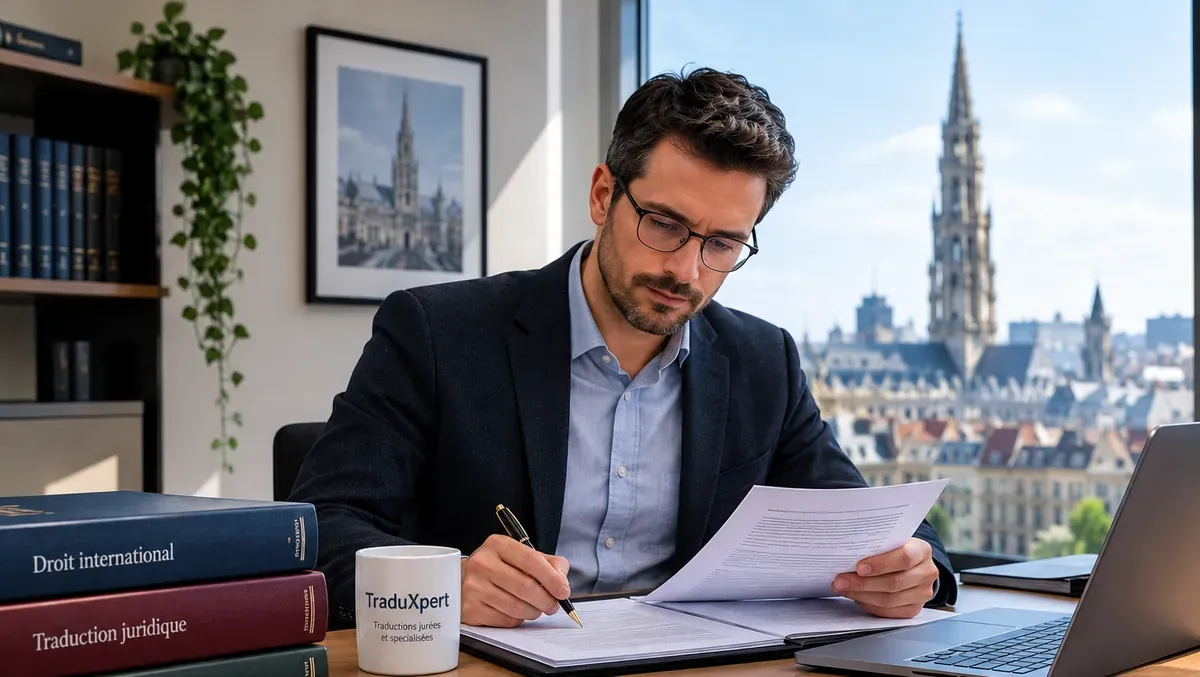 Traducteur relisant et annotant un document spécialisé, avec la tour de l’Hôtel de Ville de Bruxelles en arrière-plan