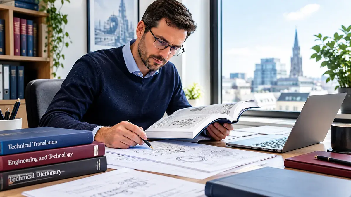 Traducteur consultant un manuel technique illustré et annotant des schémas à son bureau
