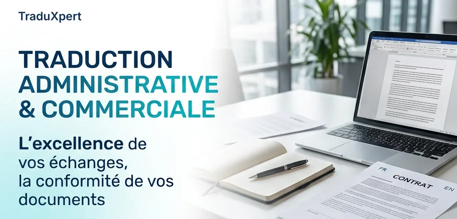 Traduction administrative et commerciale TraduXpert : contrat traduit du français vers l’anglais sur un bureau
