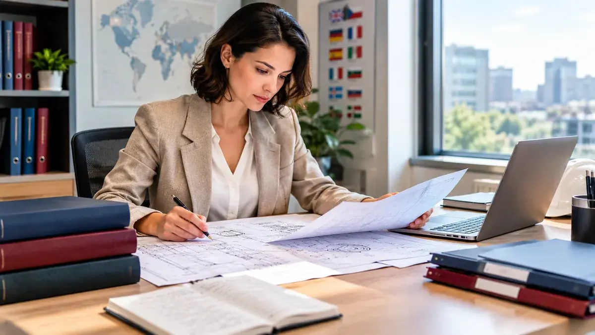 Traductrice annotant des plans techniques à son bureau, à côté d’un ordinateur portable et d’ouvrages de référence